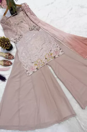 Embroidered Roman Glass Silk Straight Kurta Sharara and Dupatta Set