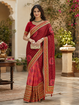 Kavindi women's soft dola silk blend with bhandhani with colourful embroidery heavy lace saree with blouse 1