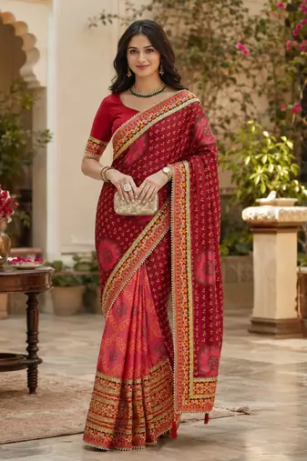 Kavindi women's soft dola silk blend with bhandhani with colourful embroidery heavy lace saree with blouse