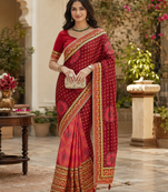 Kavindi women's soft dola silk blend with bhandhani with colourful embroidery heavy lace saree with blouse