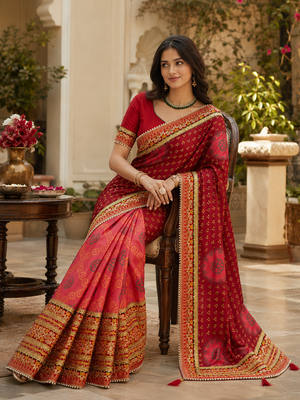Kavindi women's soft dola silk blend with bhandhani with colourful embroidery heavy lace saree with blouse 2