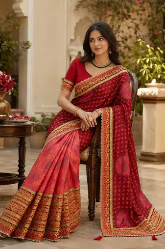 Kavindi women's soft dola silk blend with bhandhani with colourful embroidery heavy lace saree with blouse