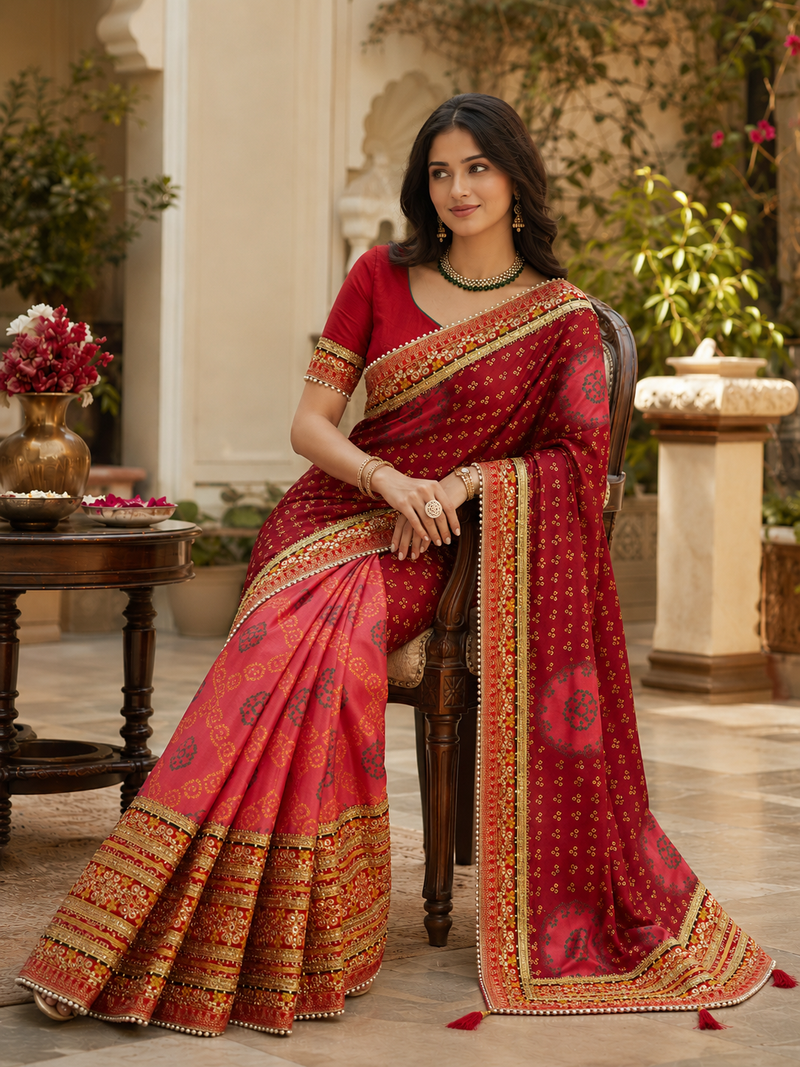 Kavindi women's soft dola silk blend with bhandhani with colourful embroidery heavy lace saree with blouse