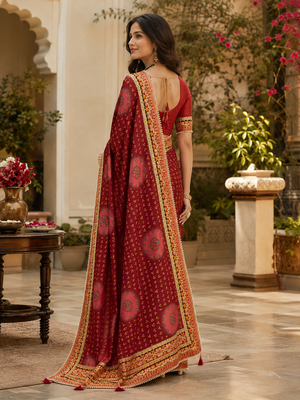 Kavindi women's soft dola silk blend with bhandhani with colourful embroidery heavy lace saree with blouse 3