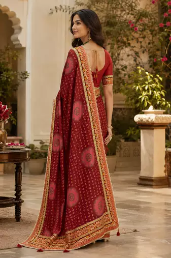 Kavindi women's soft dola silk blend with bhandhani with colourful embroidery heavy lace saree with blouse