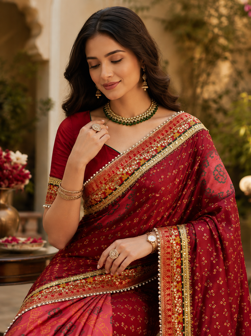 Kavindi women's soft dola silk blend with bhandhani with colourful embroidery heavy lace saree with blouse