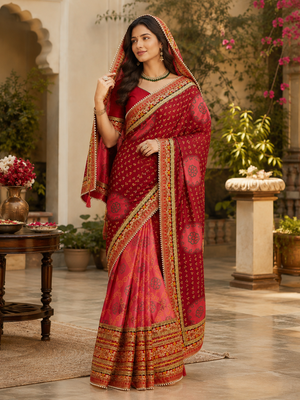 Kavindi women's soft dola silk blend with bhandhani with colourful embroidery heavy lace saree with blouse 5