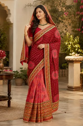 Kavindi women's soft dola silk blend with bhandhani with colourful embroidery heavy lace saree with blouse