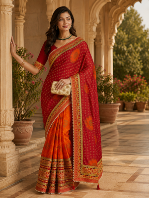 Kavindi women's soft dola silk blend with bhandhani with colourful embroidery heavy lace saree with blouse 1