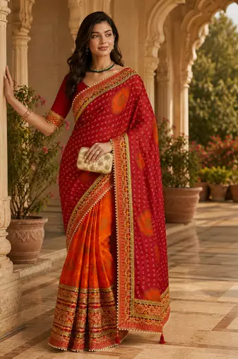 Kavindi women's soft dola silk blend with bhandhani with colourful embroidery heavy lace saree with blouse