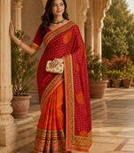 Kavindi women's soft dola silk blend with bhandhani with colourful embroidery heavy lace saree with blouse