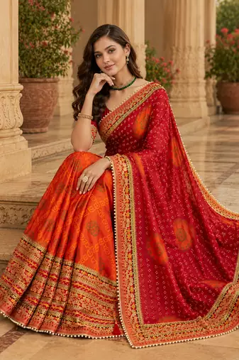 Kavindi women's soft dola silk blend with bhandhani with colourful embroidery heavy lace saree with blouse