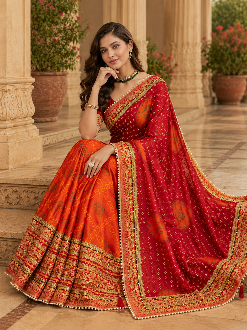 Kavindi women's soft dola silk blend with bhandhani with colourful embroidery heavy lace saree with blouse