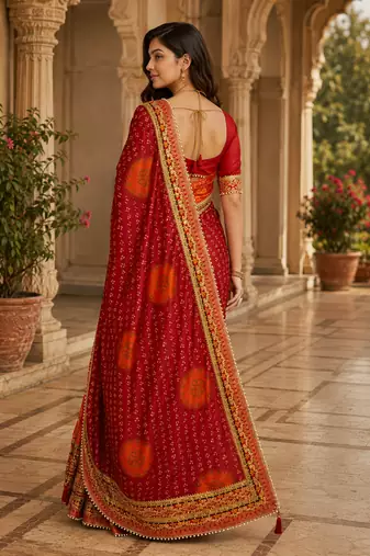 Kavindi women's soft dola silk blend with bhandhani with colourful embroidery heavy lace saree with blouse