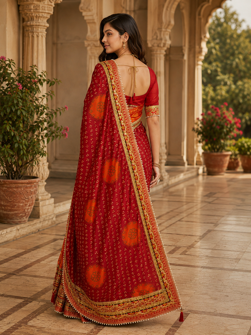 Kavindi women's soft dola silk blend with bhandhani with colourful embroidery heavy lace saree with blouse