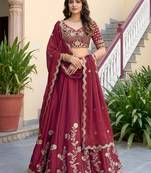 maroon silk blend embroidered traditional lehenga choli