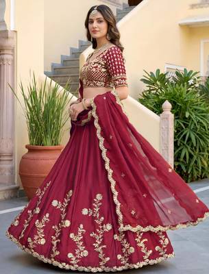 maroon silk blend embroidered traditional lehenga choli 3