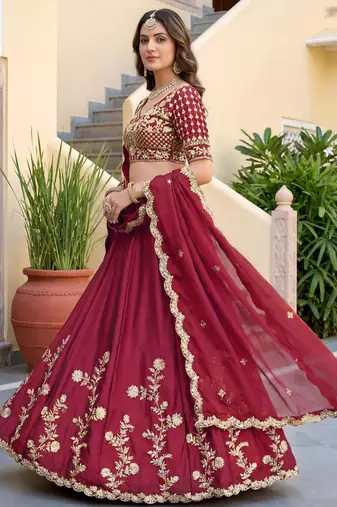 maroon silk blend embroidered traditional lehenga choli