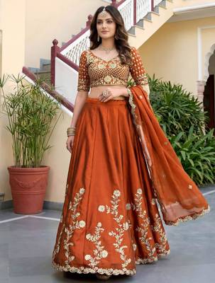 orange silk blend embroidered traditional lehenga choli 2