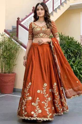 orange silk blend embroidered traditional lehenga choli