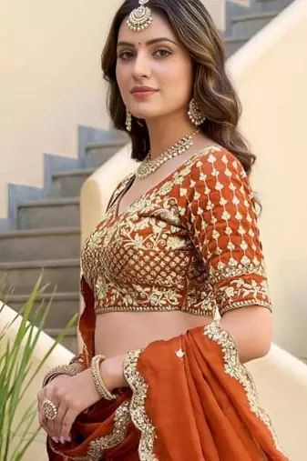 orange silk blend embroidered traditional lehenga choli