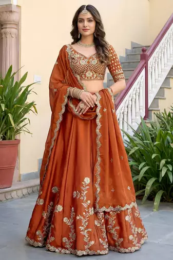 orange silk blend embroidered traditional lehenga choli