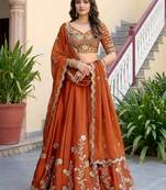 orange silk blend embroidered traditional lehenga choli