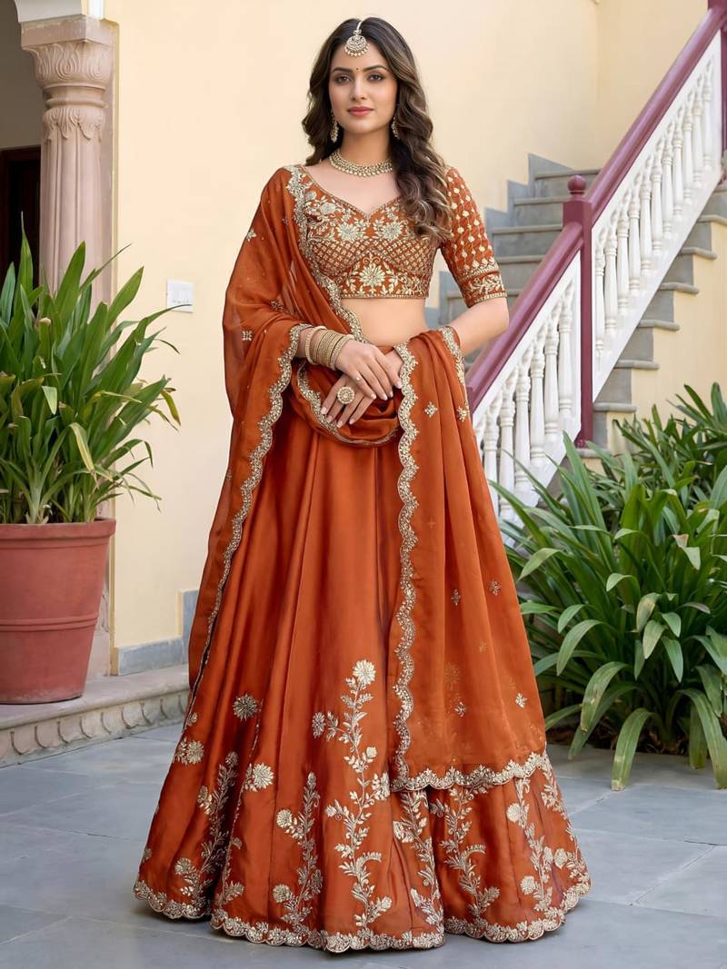 orange silk blend embroidered traditional lehenga choli