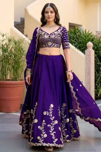 purple silk blend embroidered traditional lehenga choli
