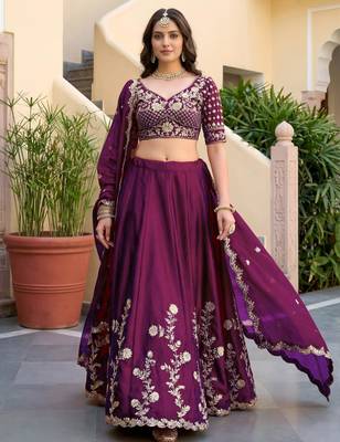 wine silk blend embroidered traditional lehenga choli 2