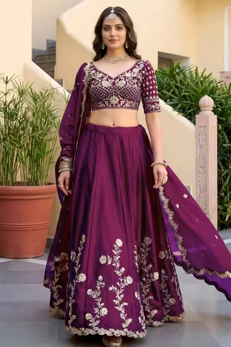 wine silk blend embroidered traditional lehenga choli