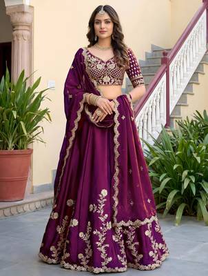 wine silk blend embroidered traditional lehenga choli 1