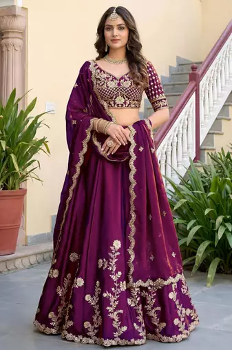 wine silk blend embroidered traditional lehenga choli