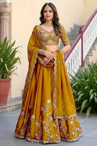 yellow silk blend embroidered traditional lehenga choli