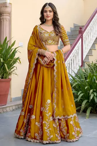 yellow silk blend embroidered traditional lehenga choli