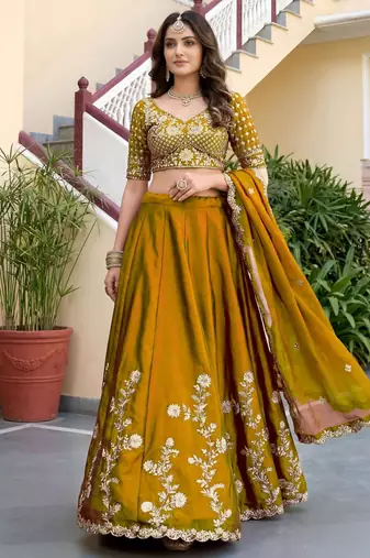 yellow silk blend embroidered traditional lehenga choli