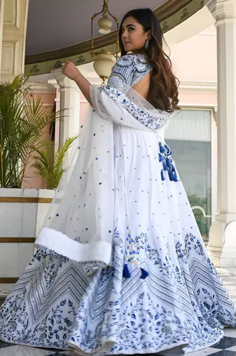 white satin embroidered traditional lehenga choli