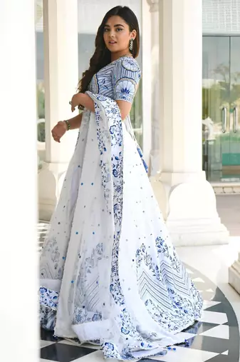 white satin embroidered traditional lehenga choli