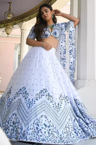 white satin embroidered traditional lehenga choli
