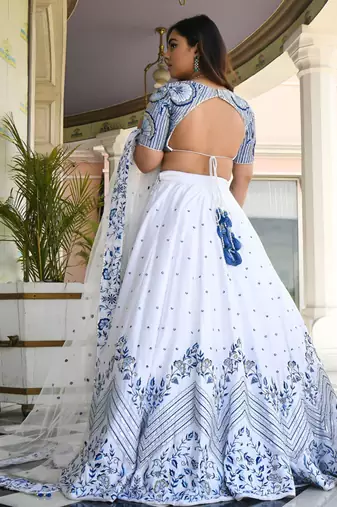 white satin embroidered traditional lehenga choli