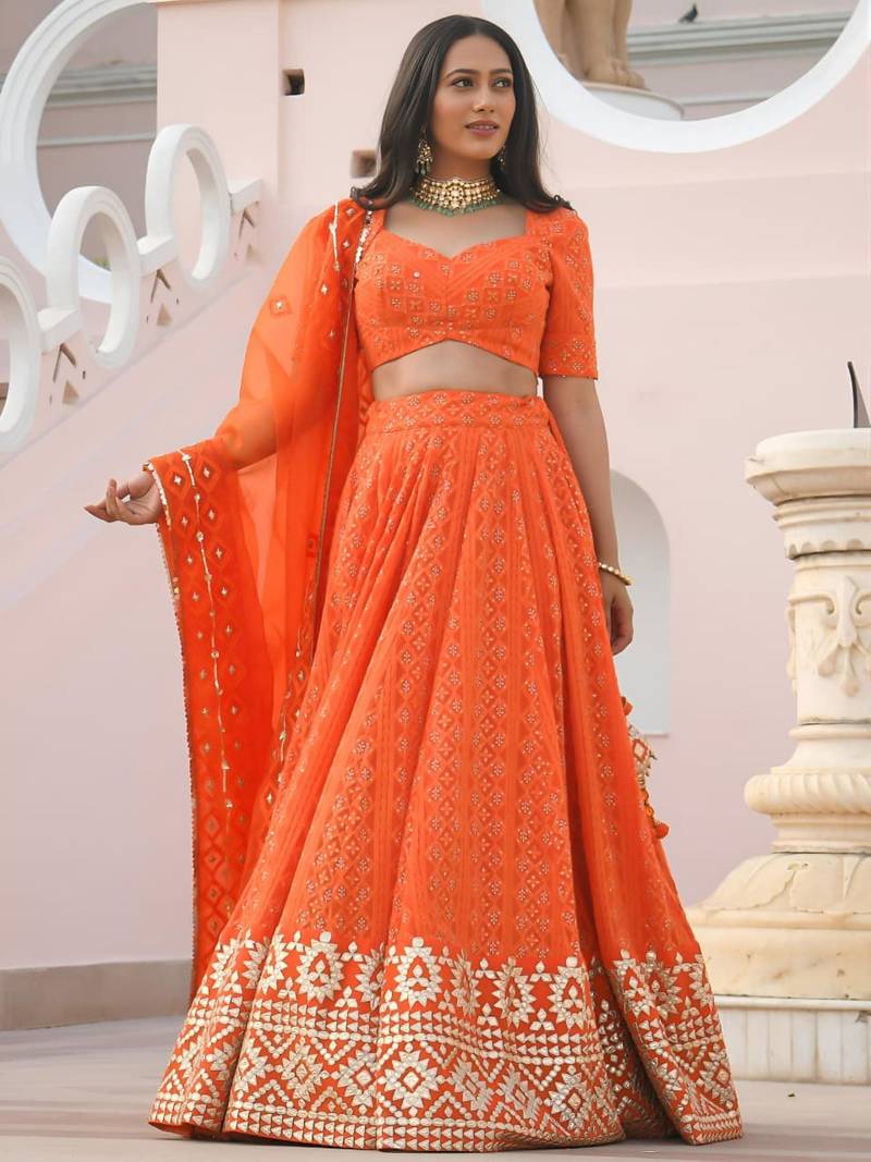 orange georgette embroidered traditional lehenga choli