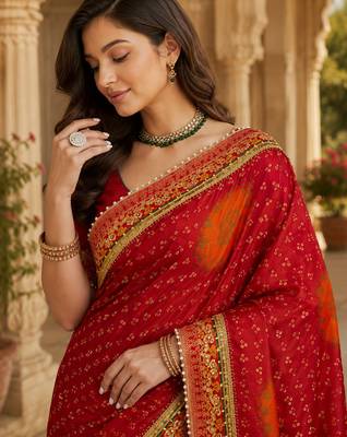 Kavindi women's soft dola silk blend with bhandhani with colourful embroidery heavy lace saree with blouse 4