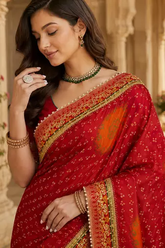 Kavindi women's soft dola silk blend with bhandhani with colourful embroidery heavy lace saree with blouse