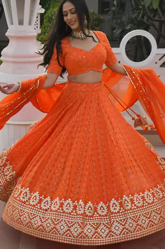 orange georgette embroidered traditional lehenga choli
