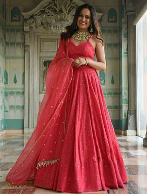 pink georgette embroidered traditional lehenga choli 1