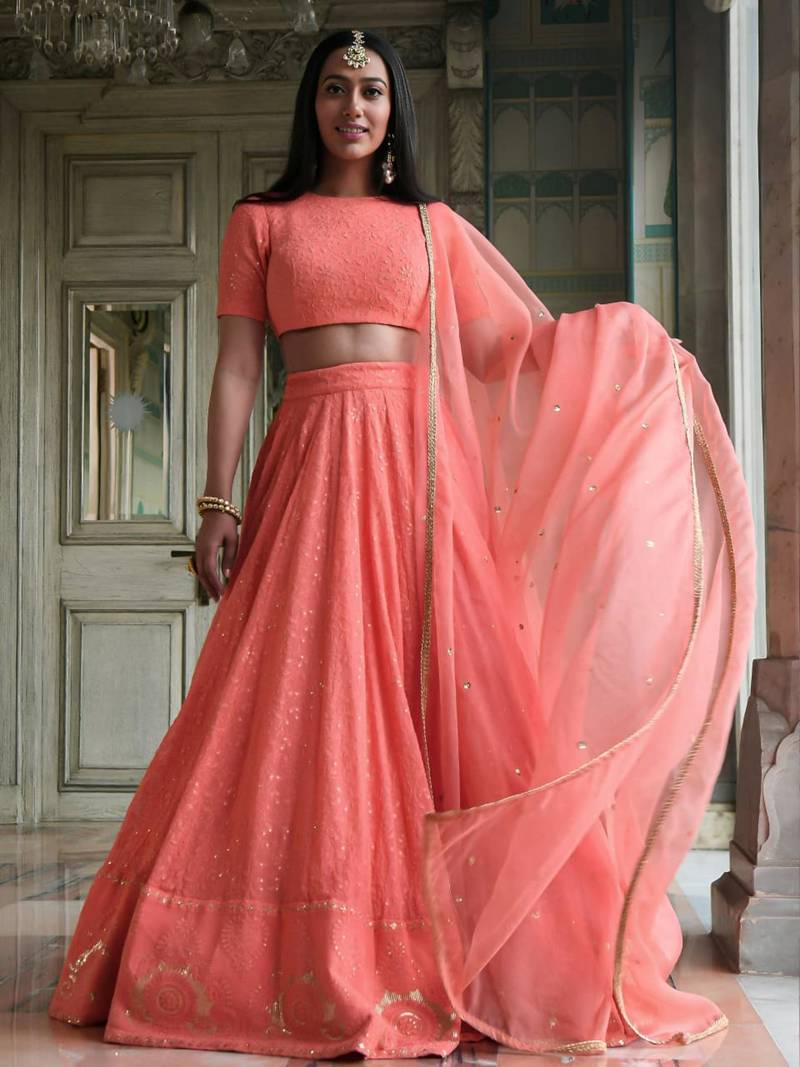 peach georgette embroidered traditional lehenga choli
