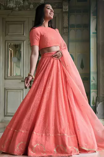 peach georgette embroidered traditional lehenga choli