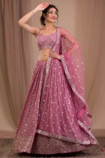 pink georgette embroidered traditional lehenga choli