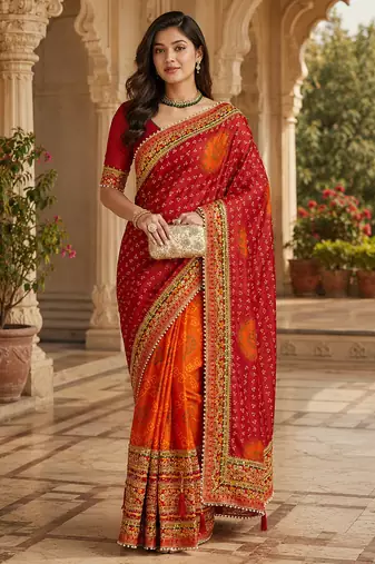 Kavindi women's soft dola silk blend with bhandhani with colourful embroidery heavy lace saree with blouse