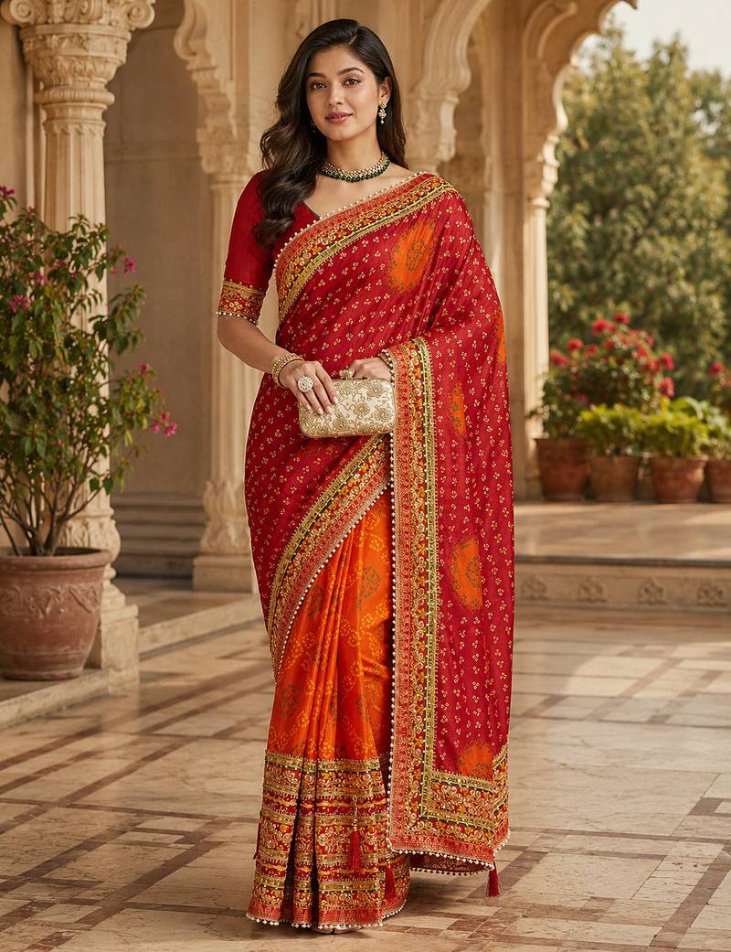 Kavindi women's soft dola silk blend with bhandhani with colourful embroidery heavy lace saree with blouse